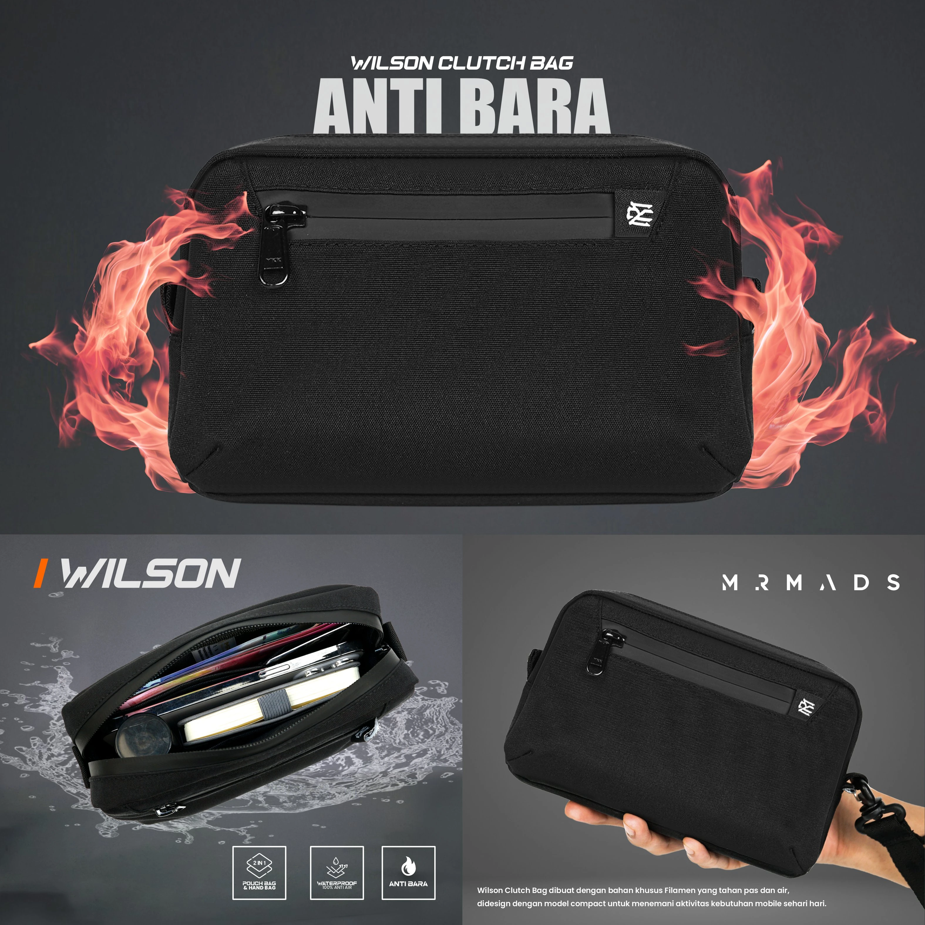 Mr Mads - Wilson Clutch Bag Anti Bara - Hand Bag Pouch Bag Pria Wanita (Unisex) - Waterproof